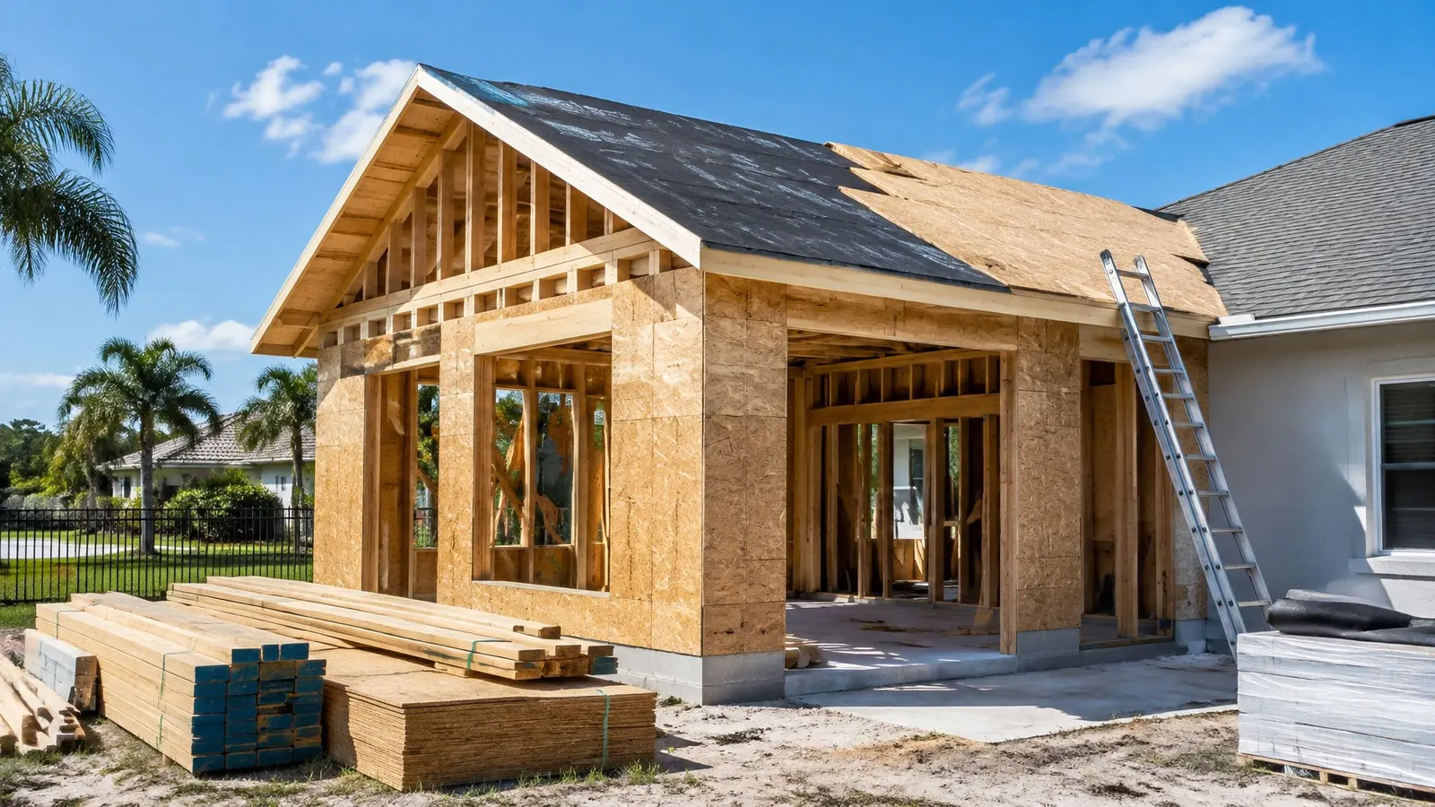 New roof trusses and plywood sheathing partly covered in underlayment on a Florida home addition