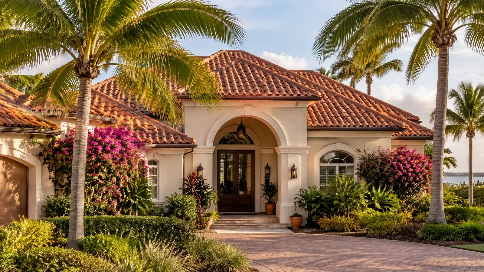 Mediterranean-style Florida home with a terracotta barrel clay tile roof and royal palms