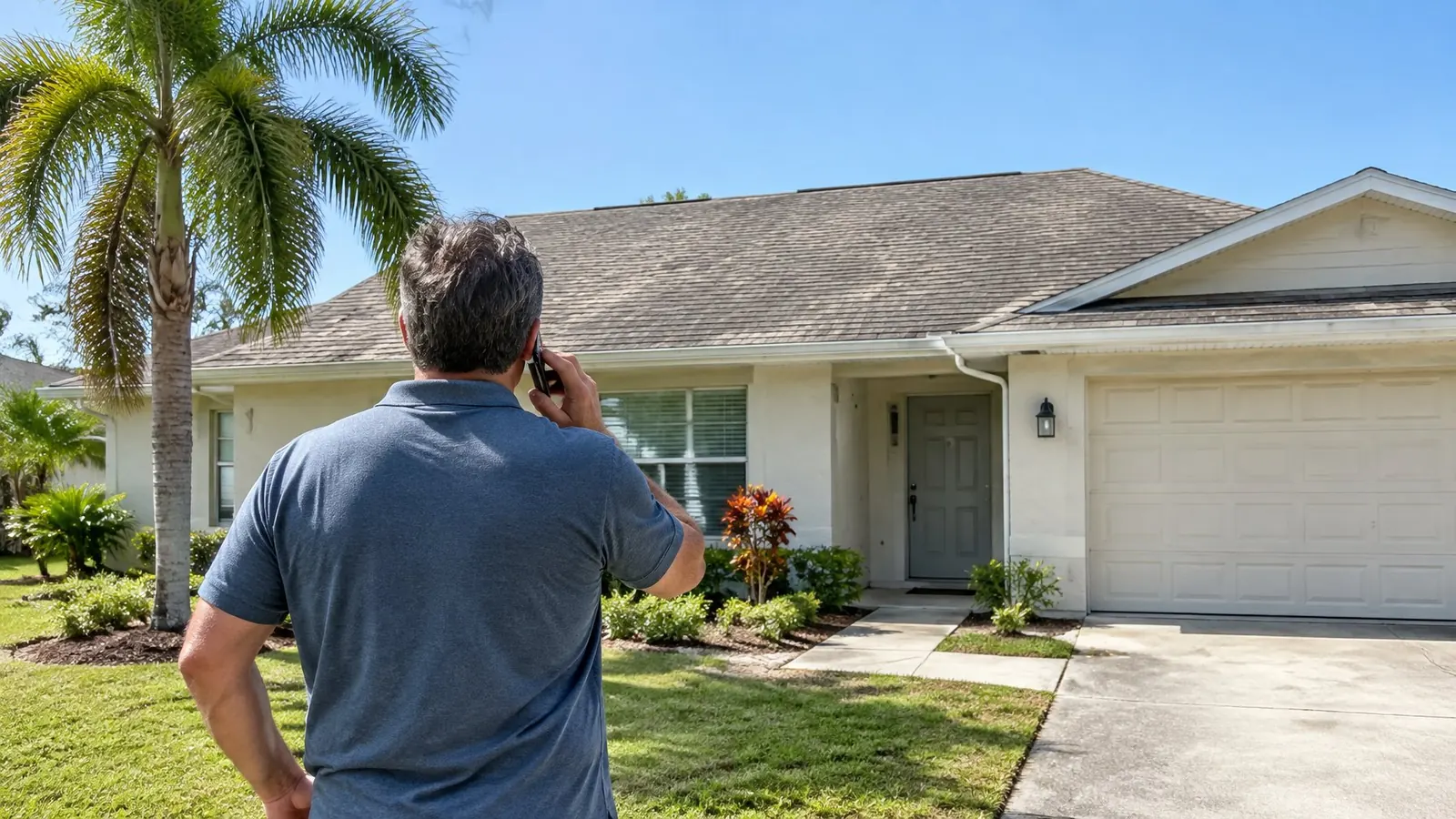 Homeowner seen from behind on the phone, looking up at the aging shingle roof of a Florida home