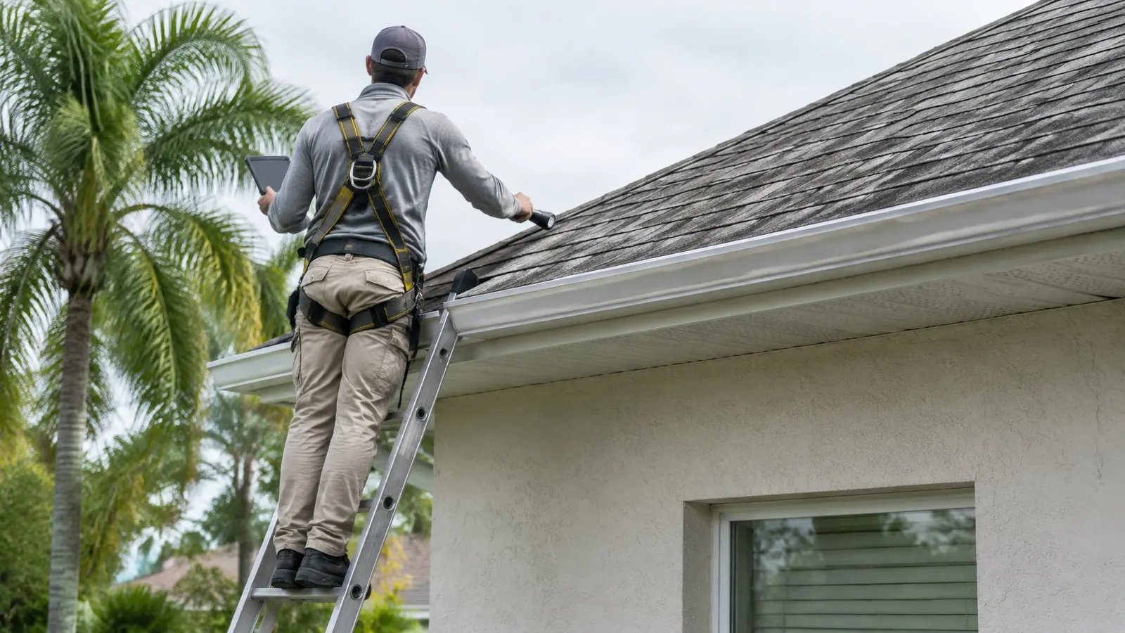 Roof inspector seen from behind on a ladder checking the eave of an aging shingle roof