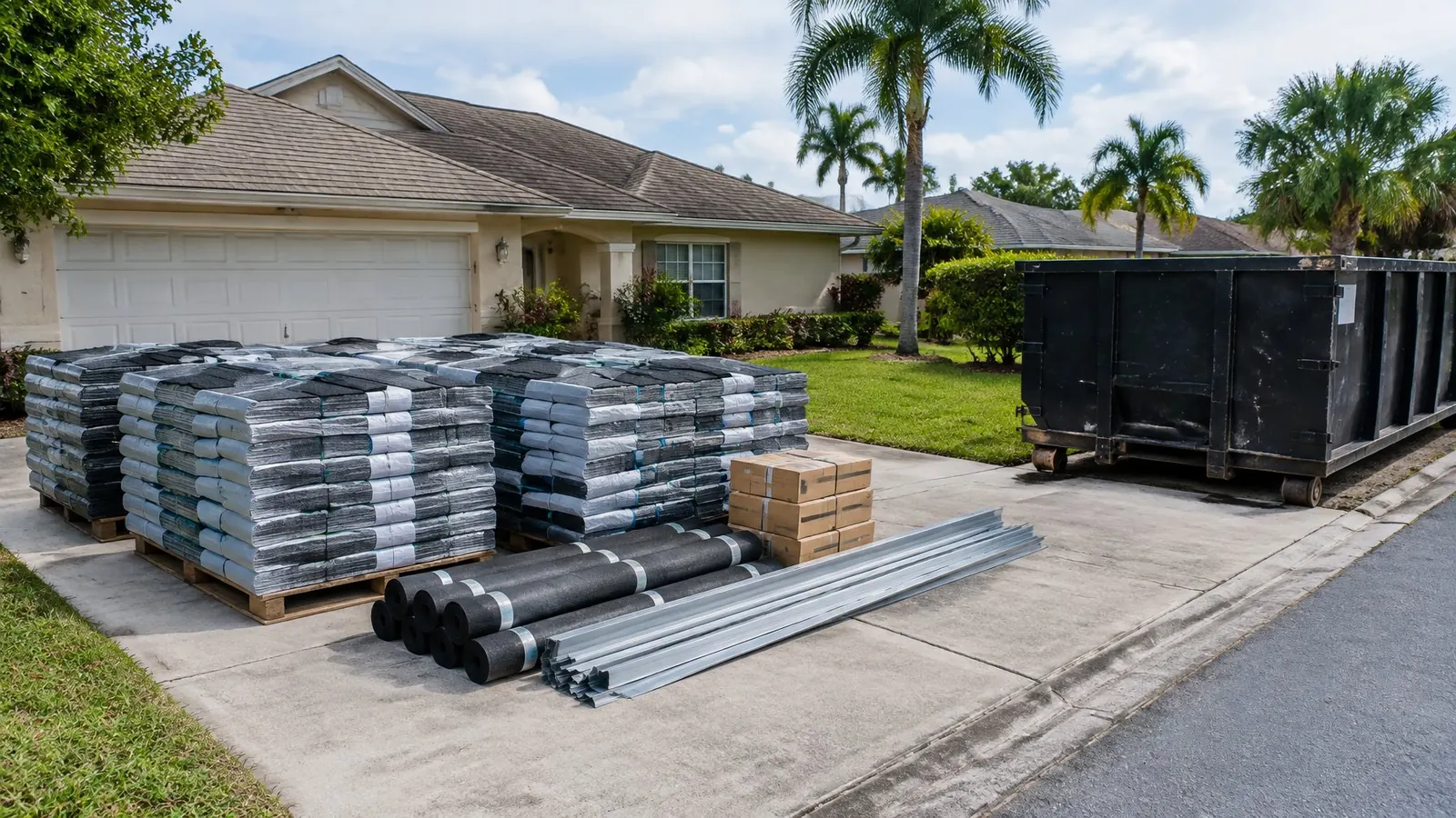 Pallets of shingles, underlayment rolls and a dumpster on a driveway before a roof replacement