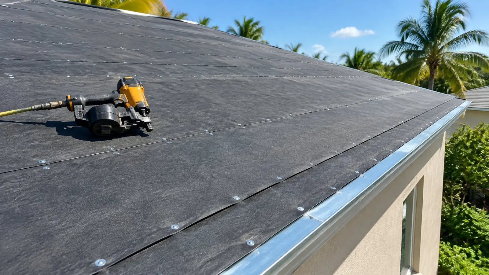 Roof deck covered with peel-and-stick secondary water barrier and rows of ring-shank nails