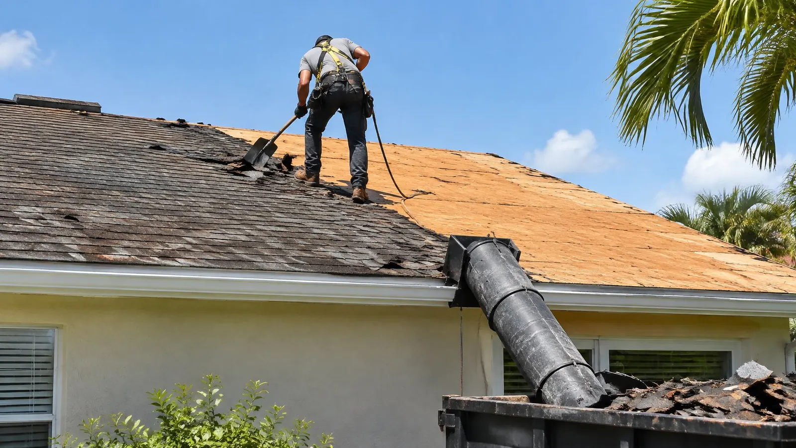 Roofer seen from behind stripping old shingles to expose the plywood deck of a Florida ranch home