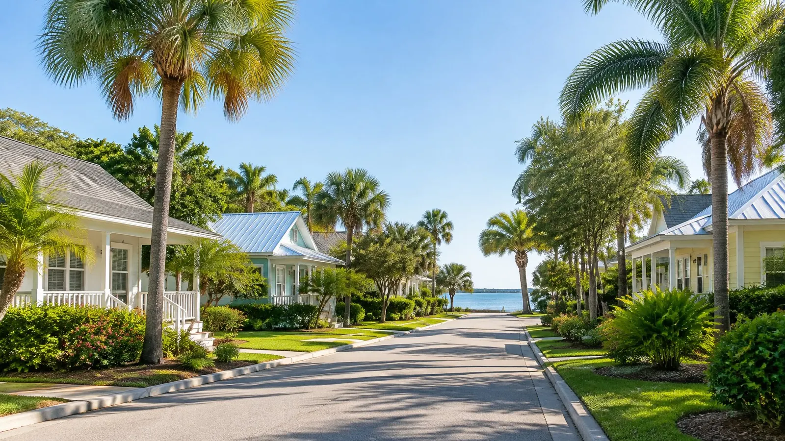 Older cottages with shingle and metal roofs on a palm-lined Dunedin street that ends at St. Joseph Sound