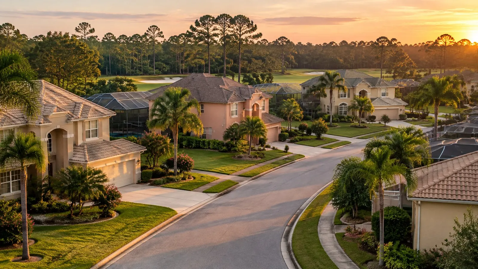 Two-story stucco homes with tile and shingle roofs and pool cages beside a golf course in Palm Harbor