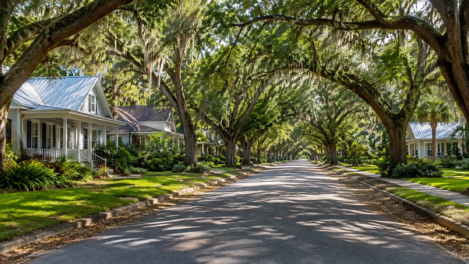 Older homes under live oaks hung with Spanish moss on a shady Safety Harbor street