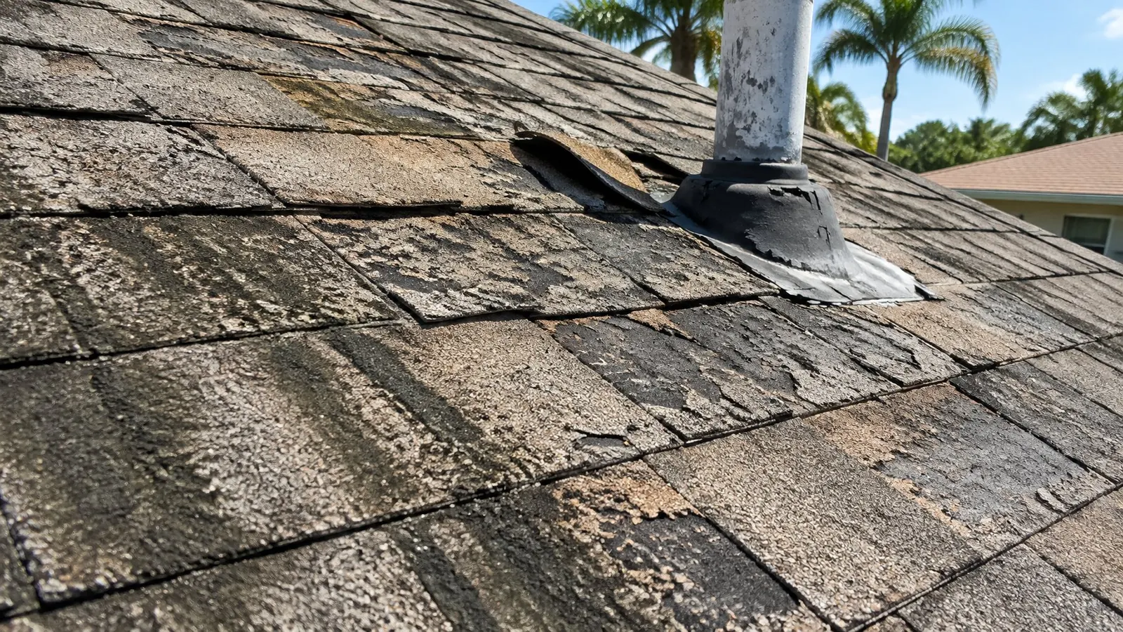 Close-up of curled, cracked shingles with granule loss and algae streaks near a vent boot